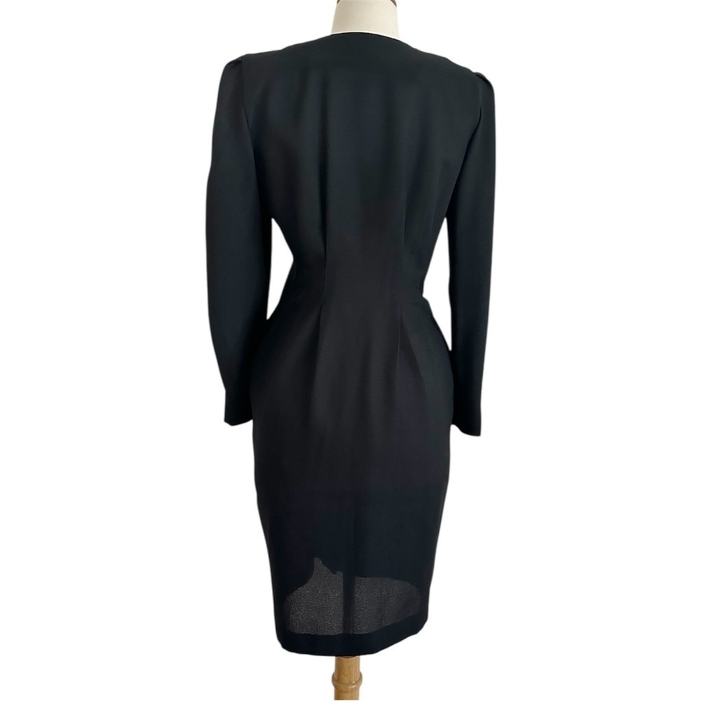 Vintage 80s 90s Karin Stevens Dress Pearl Button Black Sheer Midi Rockabilly Sm - Picture 3 of 15